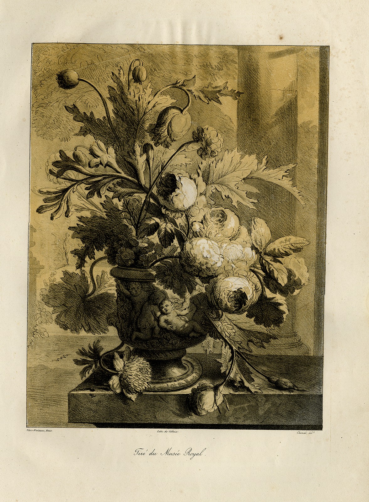 Antique Print-A large flowerpiece-early lithography-Huysum-Chazal-1824