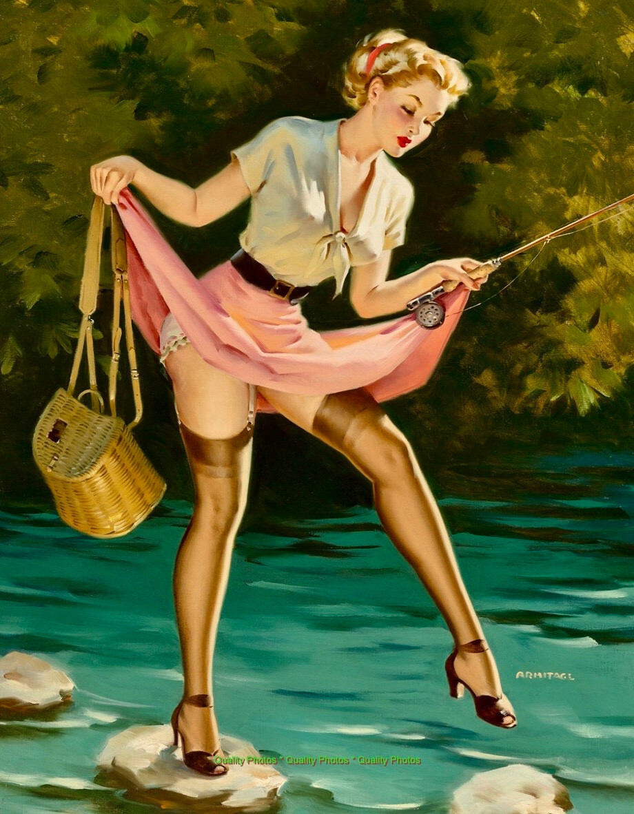 Fishing Lady Stepping Stones in Stream 8.5×11″ Photo Print Armitage Pinup Art