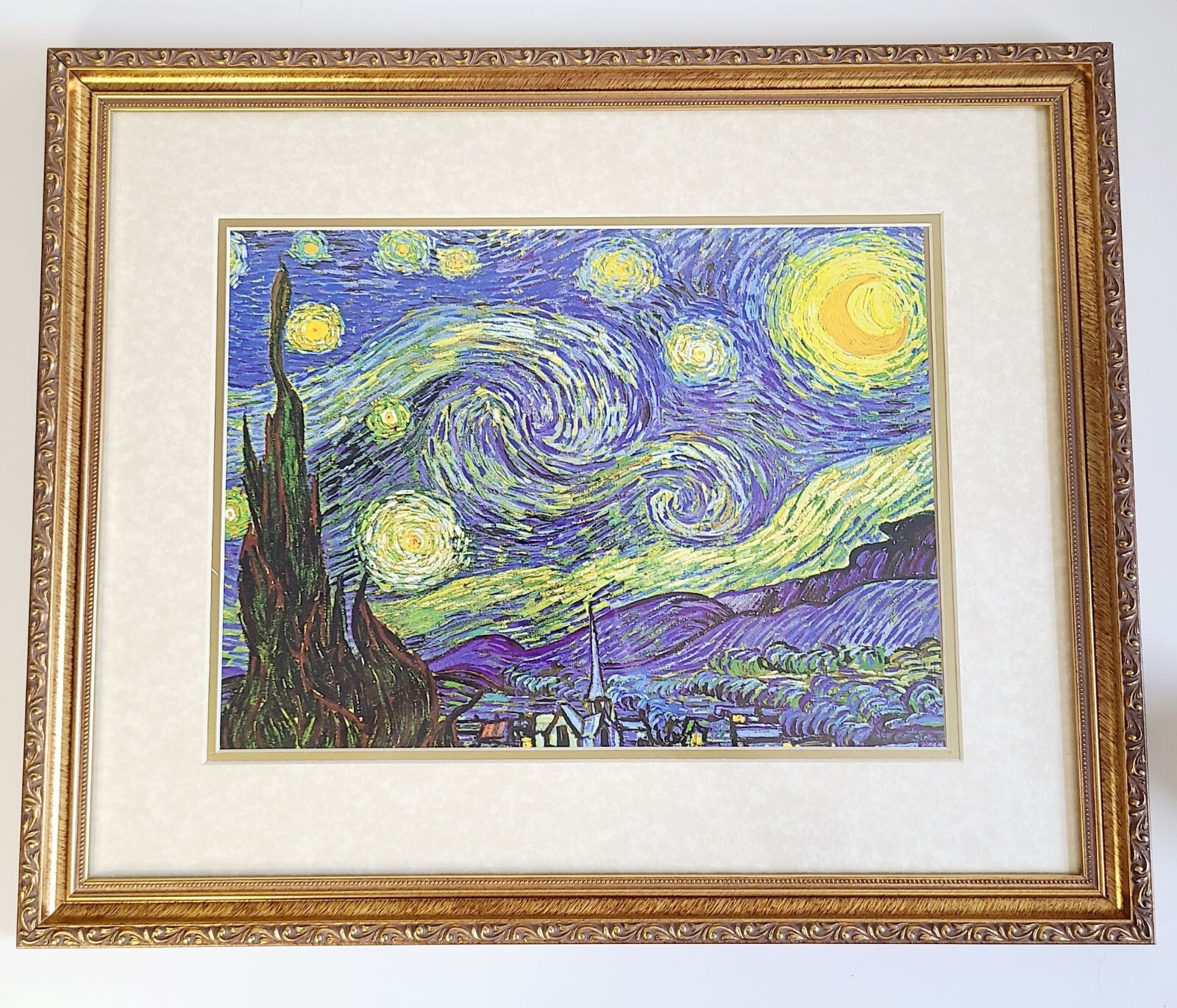 Gold Framed Starry Night Wall Art Print With Ivory Matting 22 inches x 18 inches