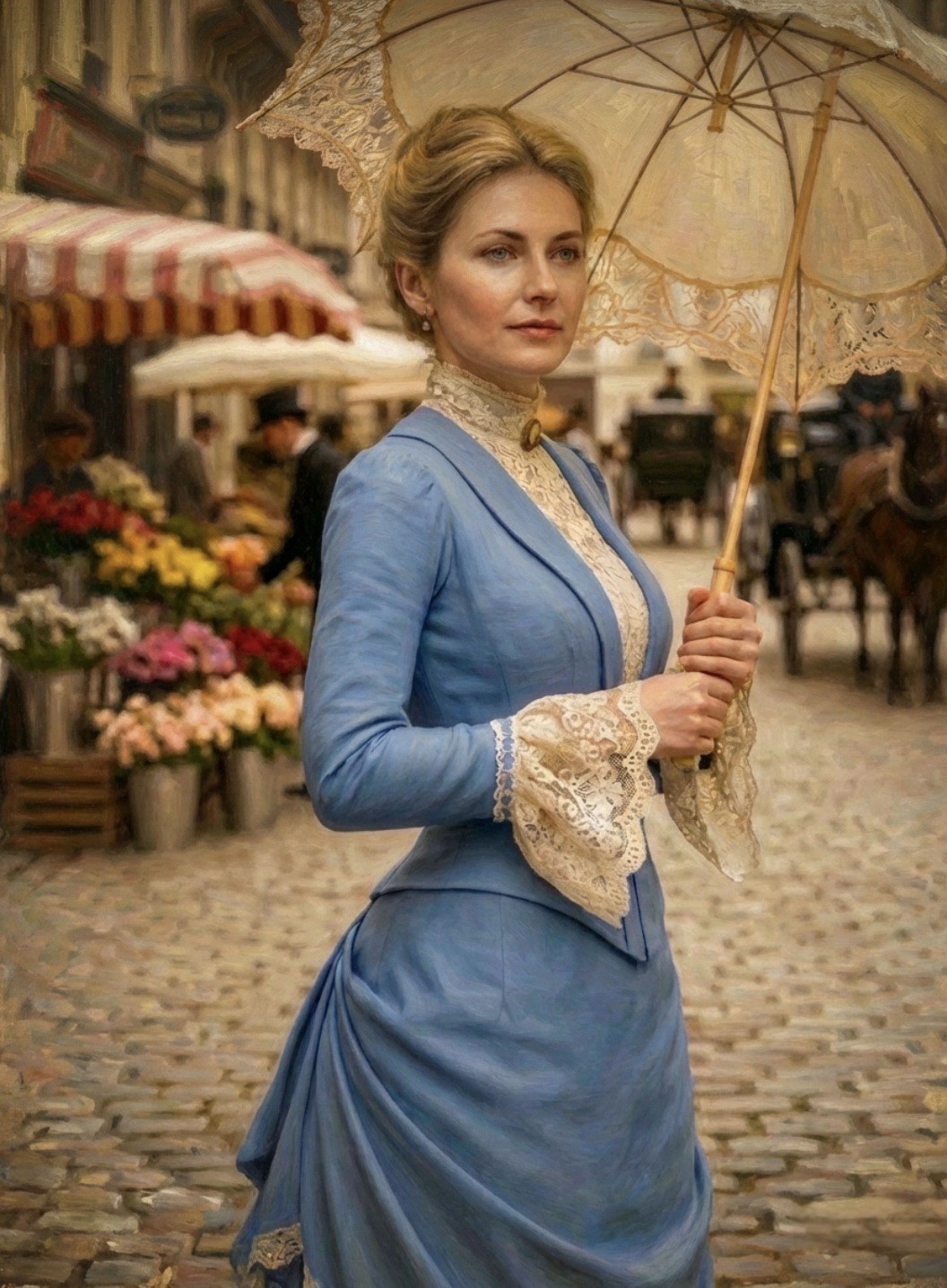 1895 parisian young lady in blue dress and parasol 10×8 Print.