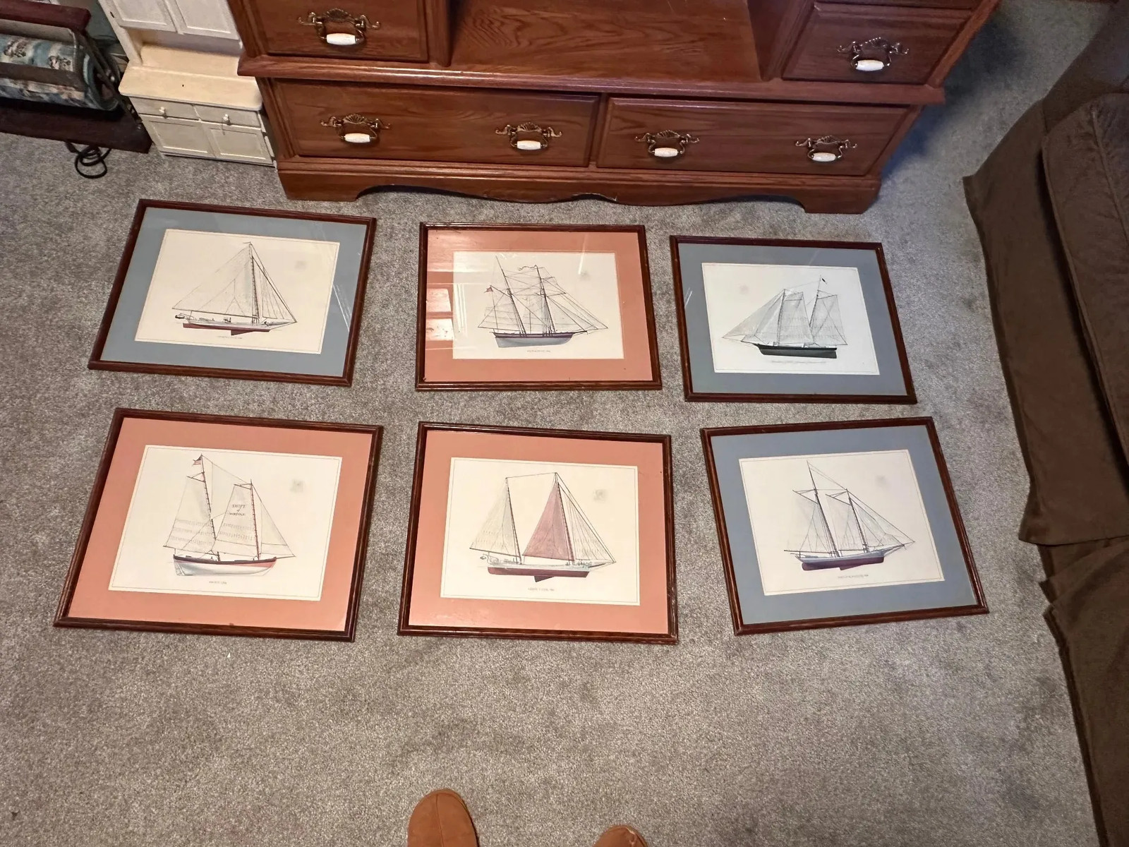 Framed Ship Print Set of 6 Vintage Nautical Sailboat Wall Art Decor Wood Frame