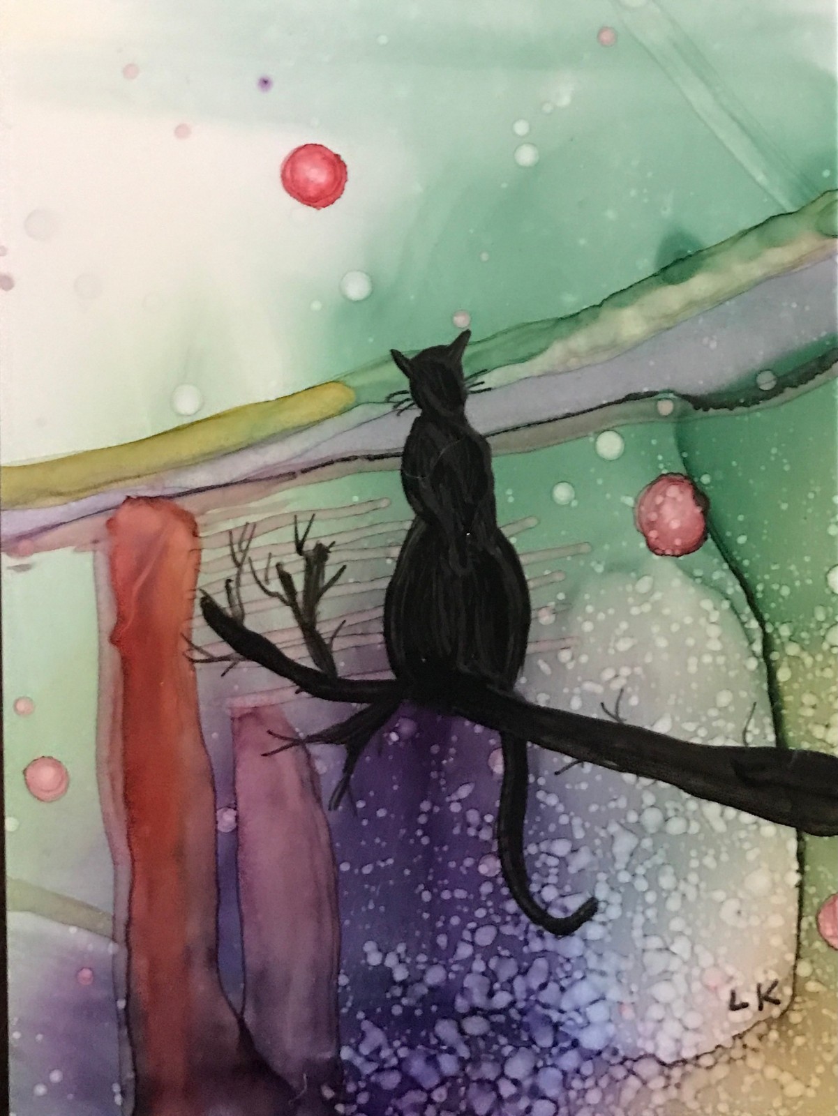 ACEO art PRINT black Cat on branch by Lynne Kohler 2.5×3.5″