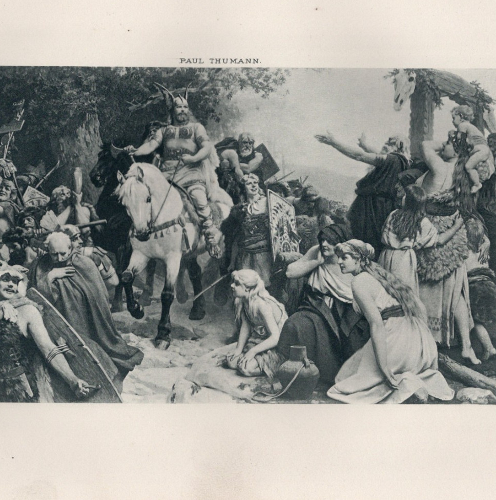 Winged Horned Helmut Warrior Triumph of Germanic Tribe 1892 Antique Photogravure