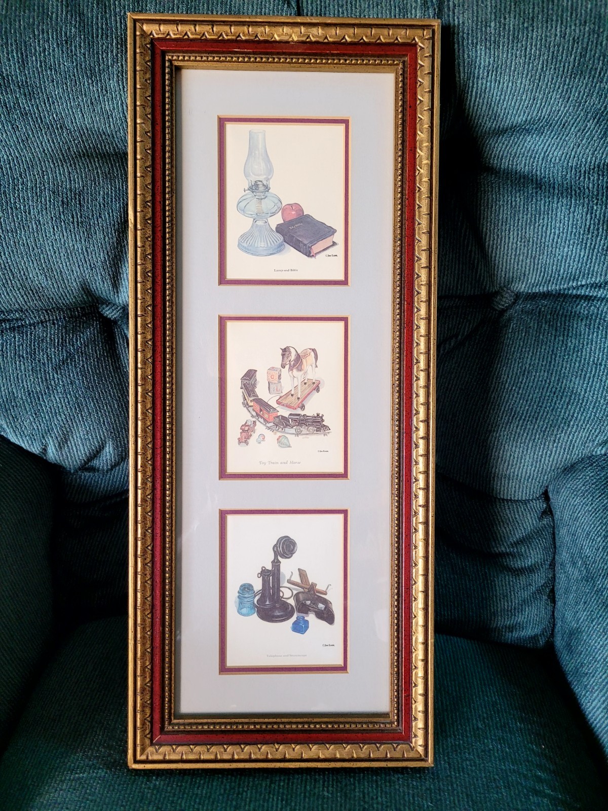 C Don Ensor Framed Matted Print Oil Lamp Bible Clock Trainman’s Lantern