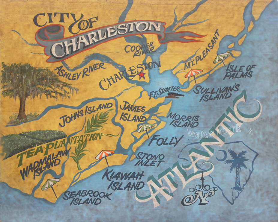Charleston SC retro map Print art decor vintage look South Carolina kiawah