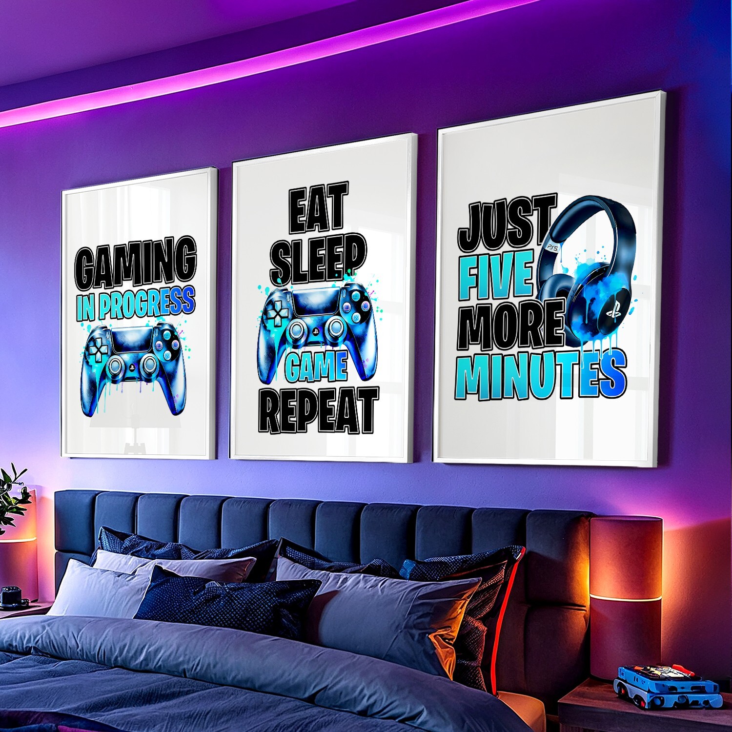 Watercolour PlayStation Gaming Prints Bedroom Xbox Blue Wall Art Poster Set of 3