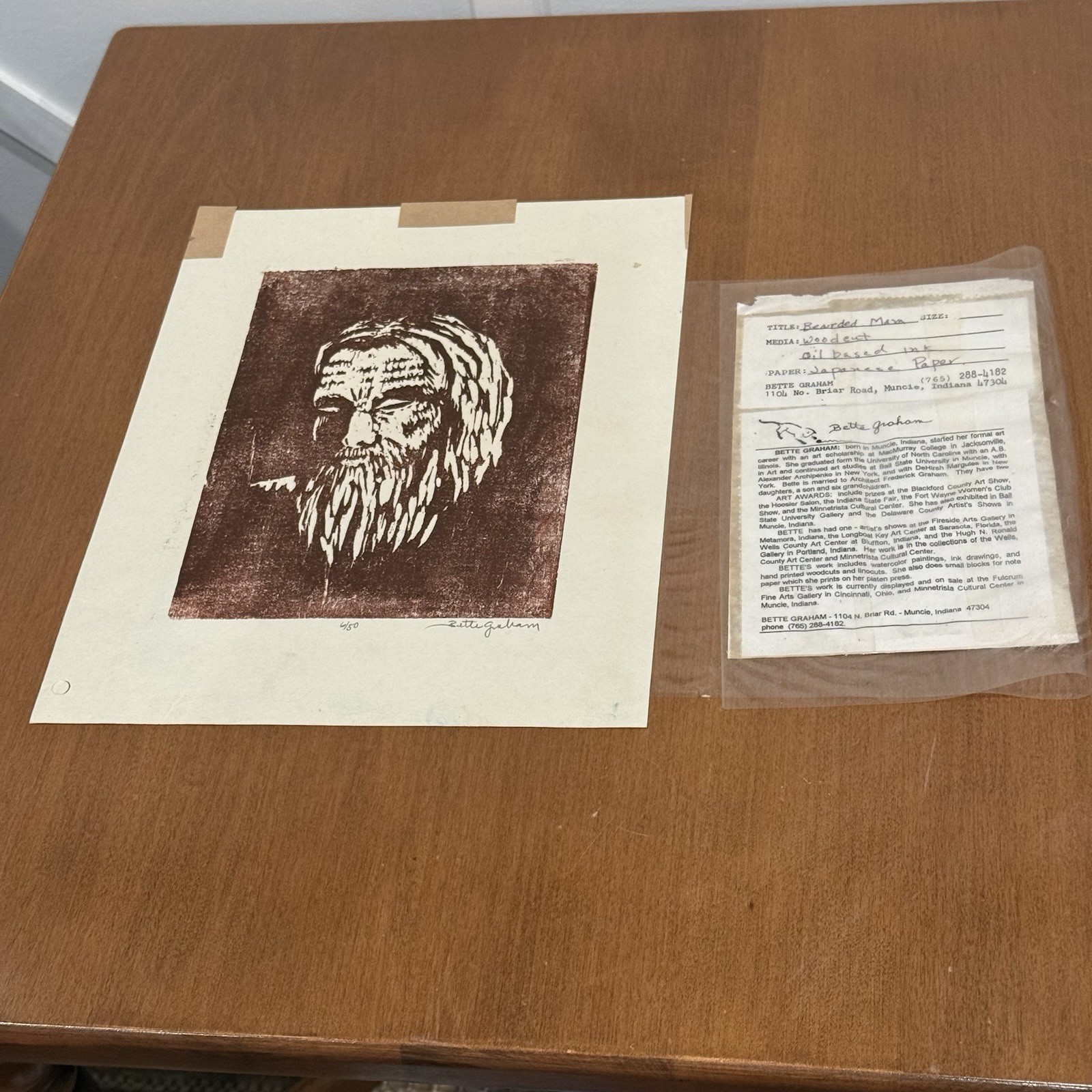 Bette Graham Beared Man Print 6/50 Woodcut Oil Based Ink Japanese Paper Artwork