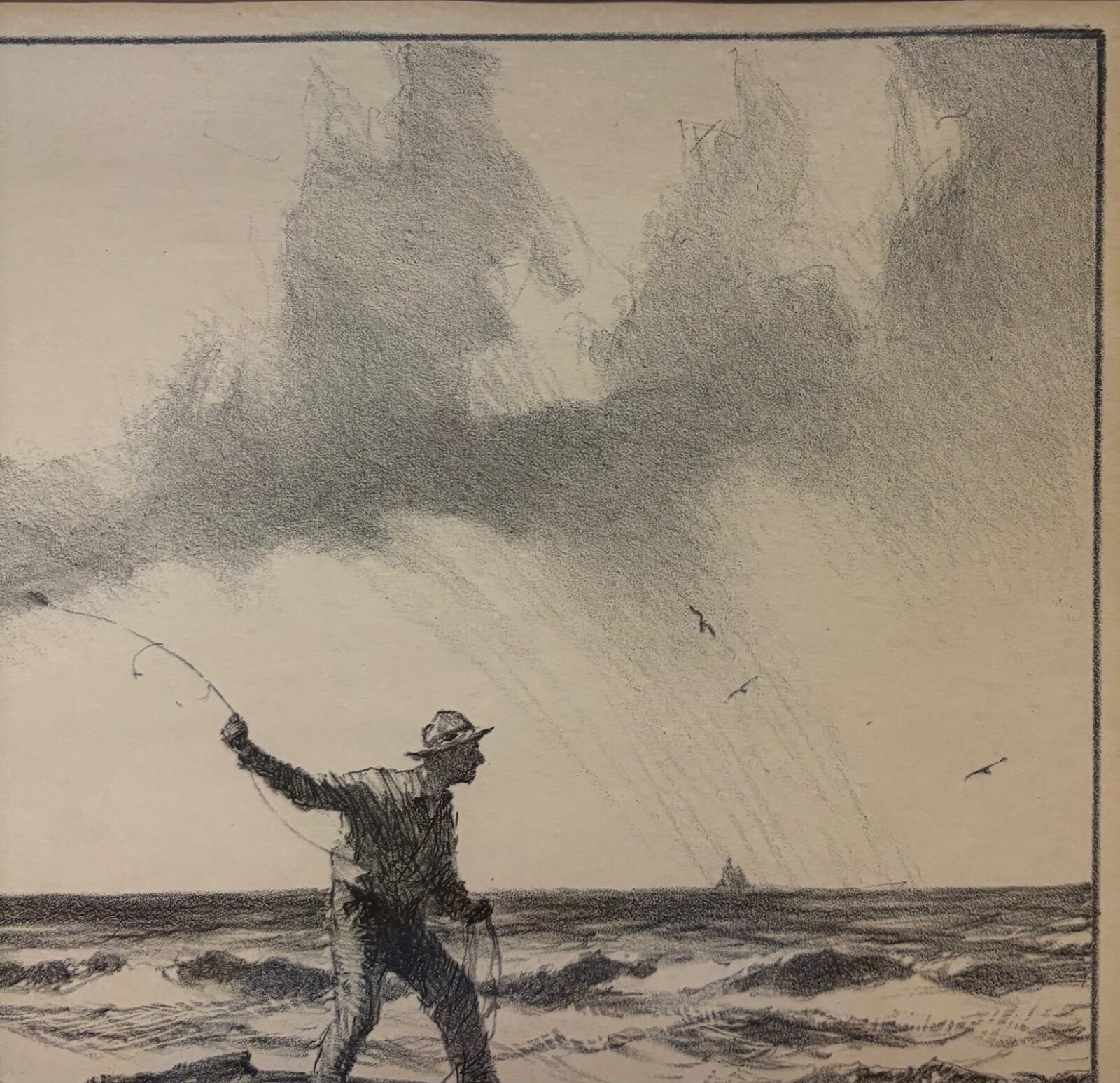 Original AAA GORDON GRANT ‘Rock Fisherman’ SIGNED Fishing Seascape Lithograph