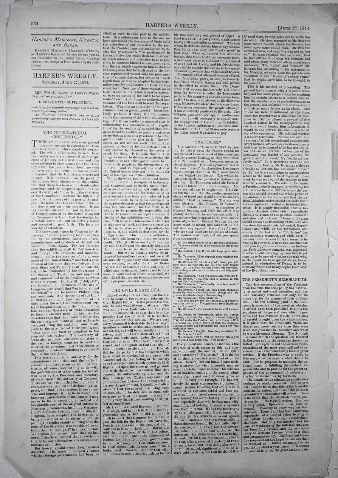 The Horse and His Rider – Harper’s Weekly, June 27, 1874 – Front page – 3 prints