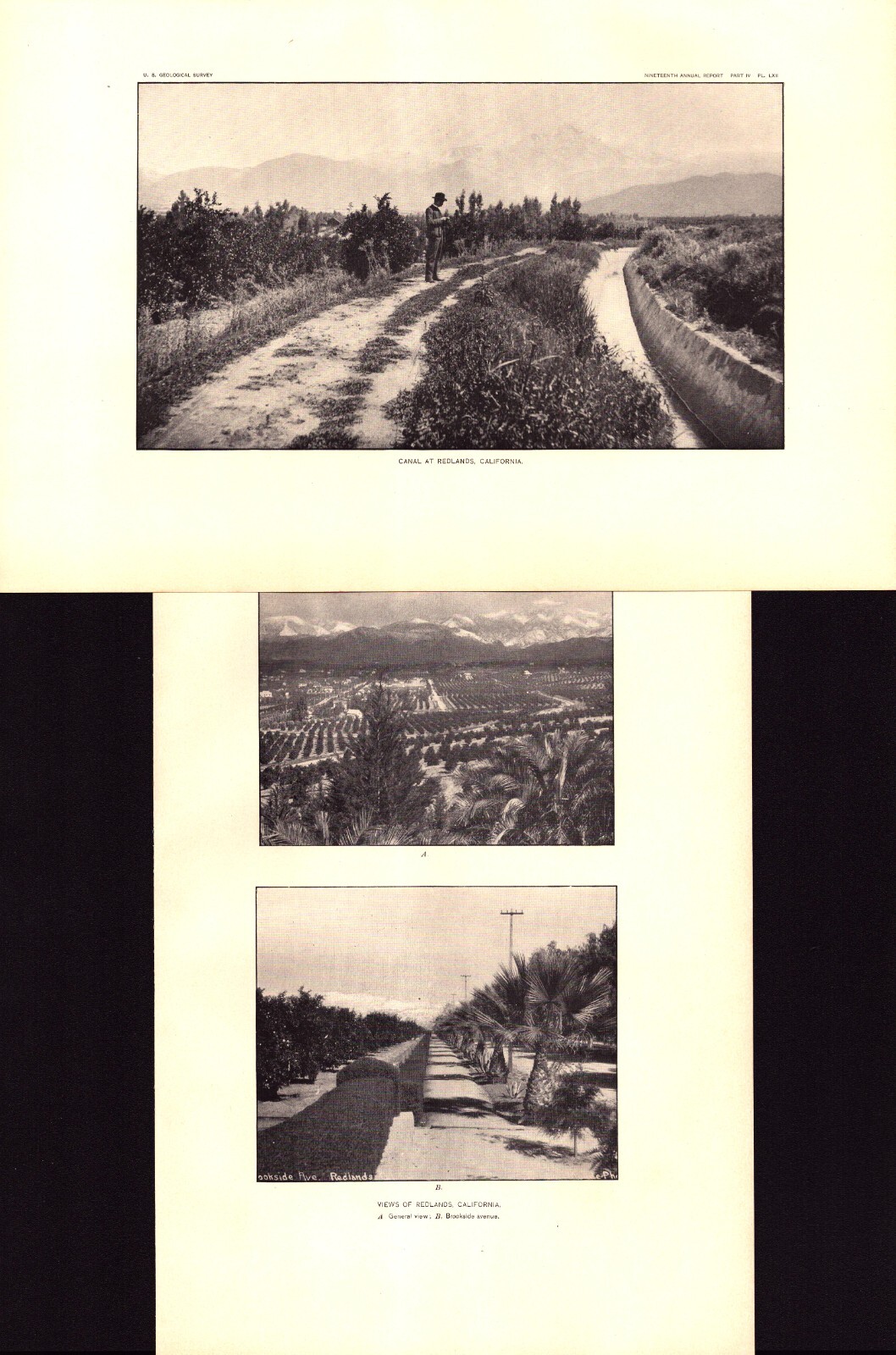 2 print REDLANDS, CALIFORNIA, CANAL, BROOKSIDE AV Antique hydrography print 1899