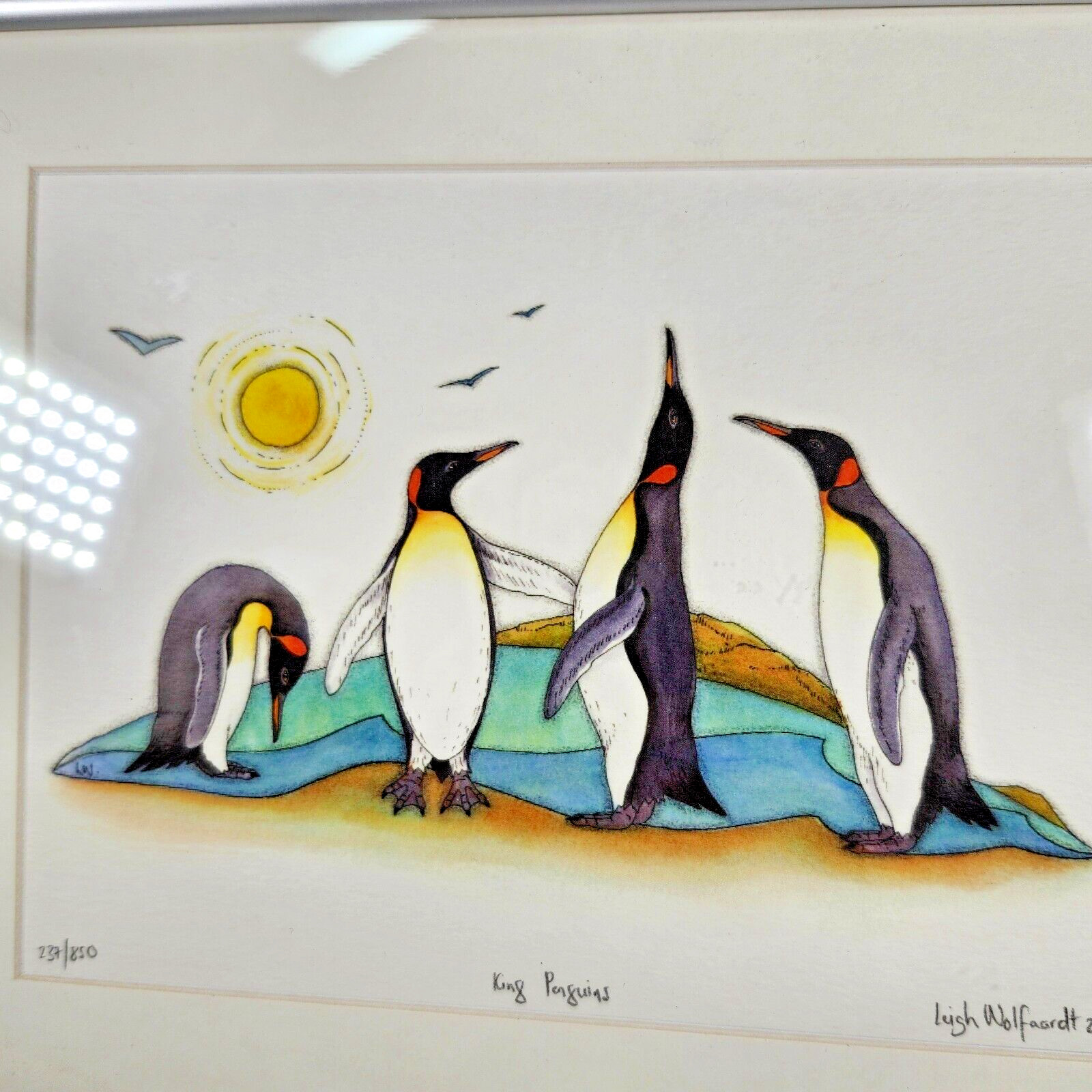 2011 Leigh Wolfaardt King Penguins Signed Color Art Print 237/850 Frame w/ Matte