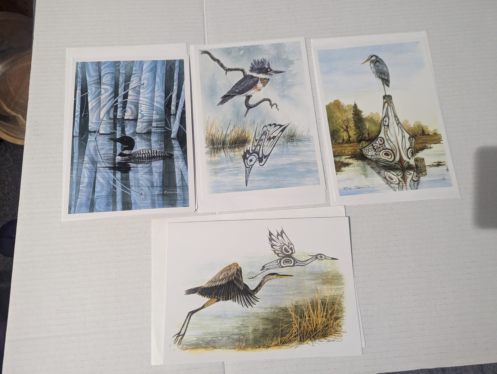Sue Coleman Prints Birds Lot Of 4 With Envelopes 6″ X 8.5″ Loon Heron Kingfisher