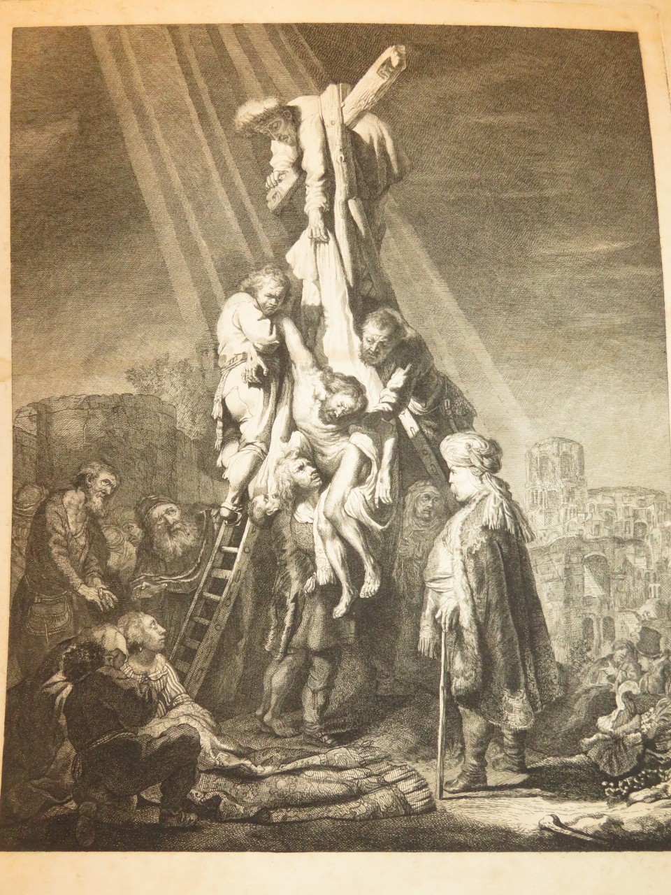 d. REMBRANDT ENGRAVING XVIII DESCENT CROSS JESUS CHRIST LIGHT OBSCURE BAROQUE…