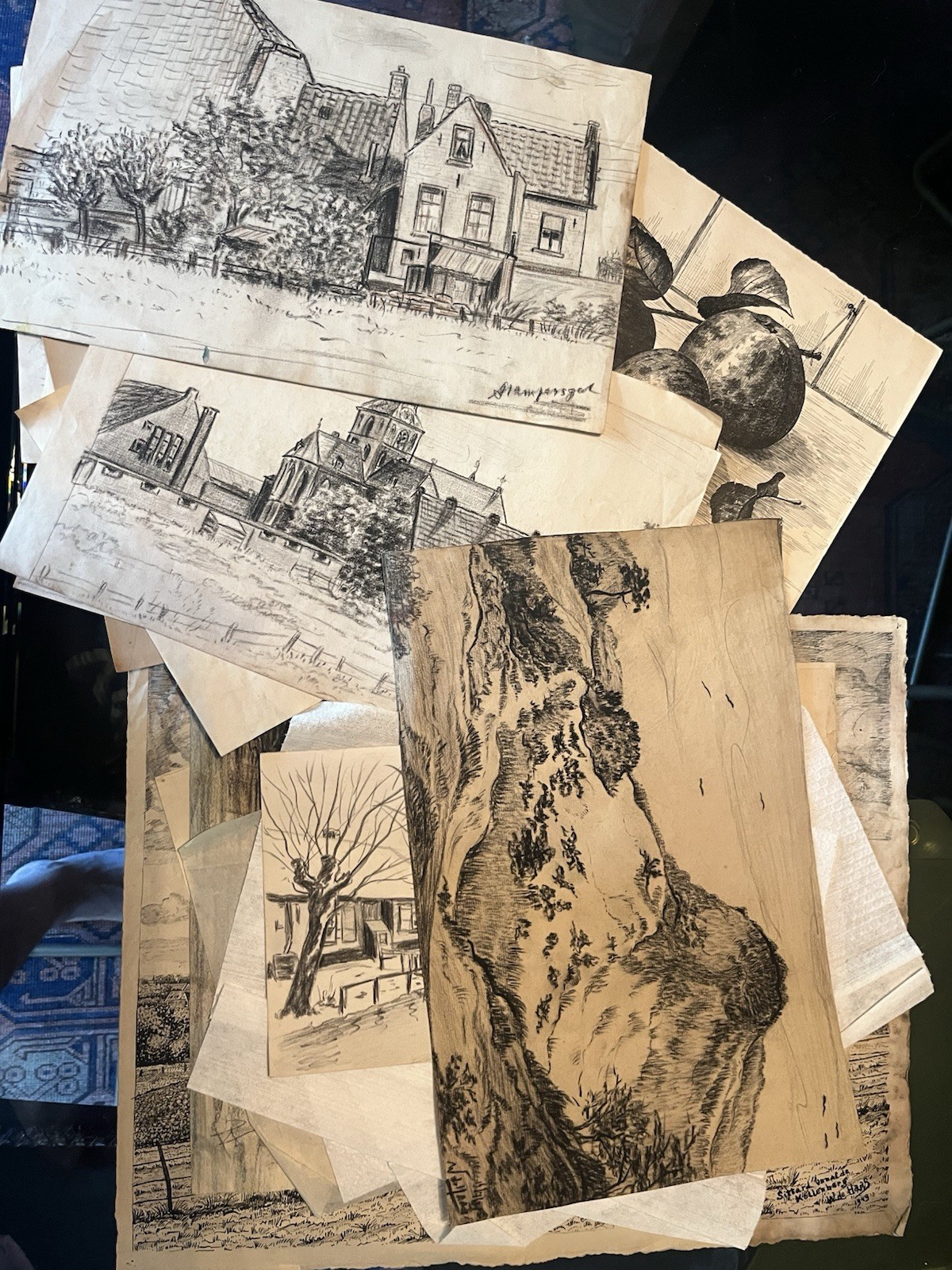 Signed Small Sketch Print Lot on Paper – Landscapes, Buildings, Trees Unframed