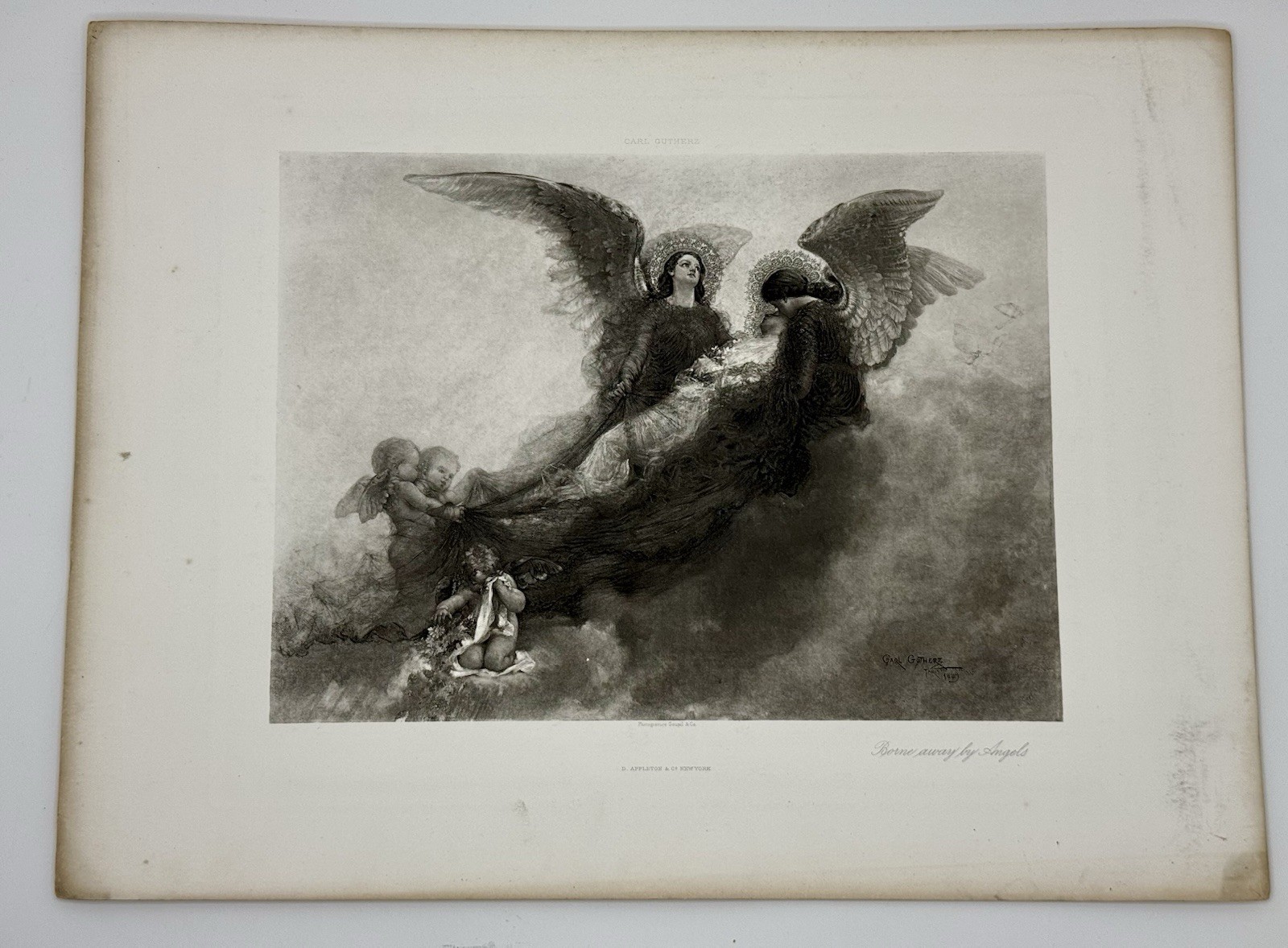 Antique 1889 Etching Art Print Carl Gutherz “Borne Away By Angels” Goupil & Co