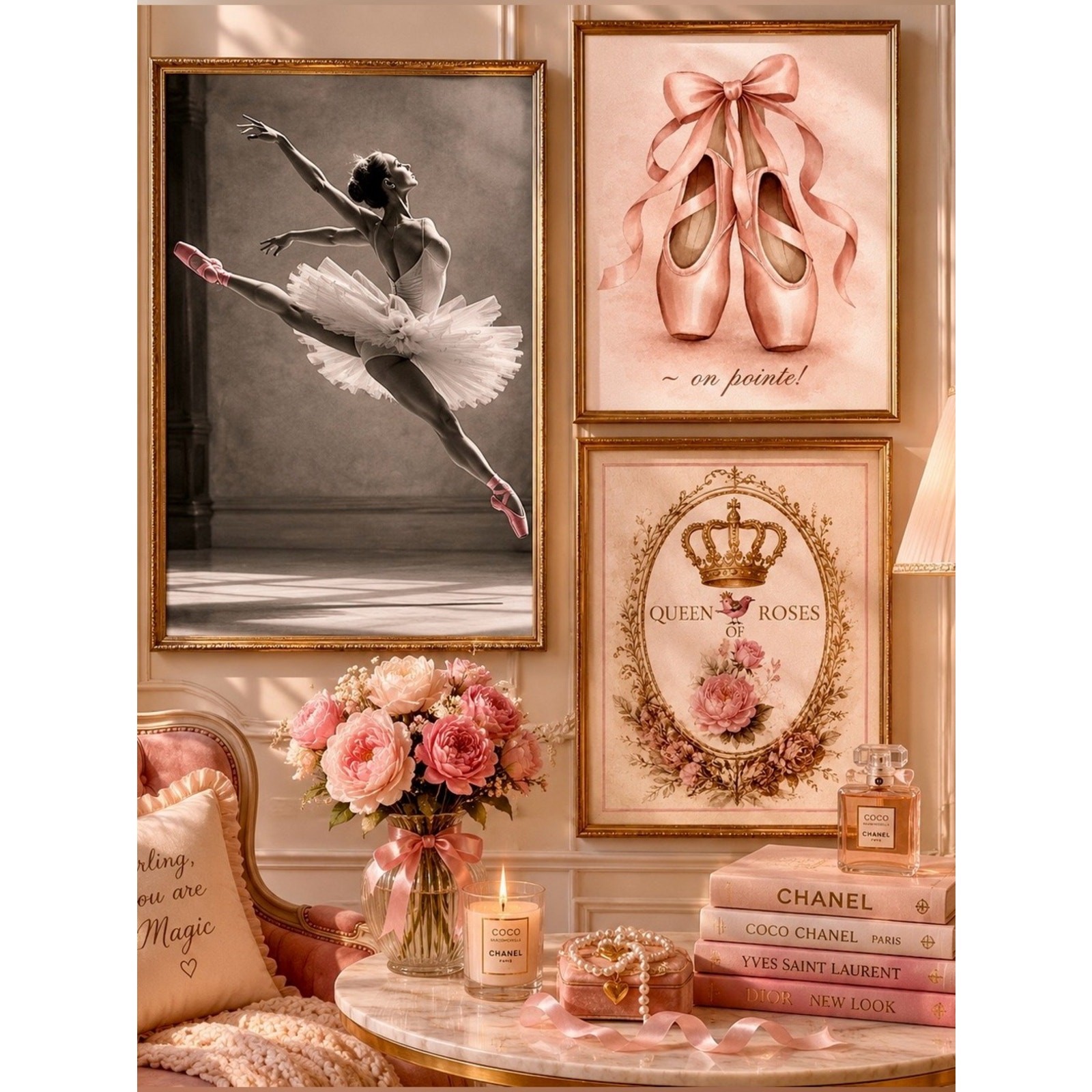 ~on pointe! Coquette Ballet Core Wall Art Set 3| Pointe Shoes & B&W Ballerina