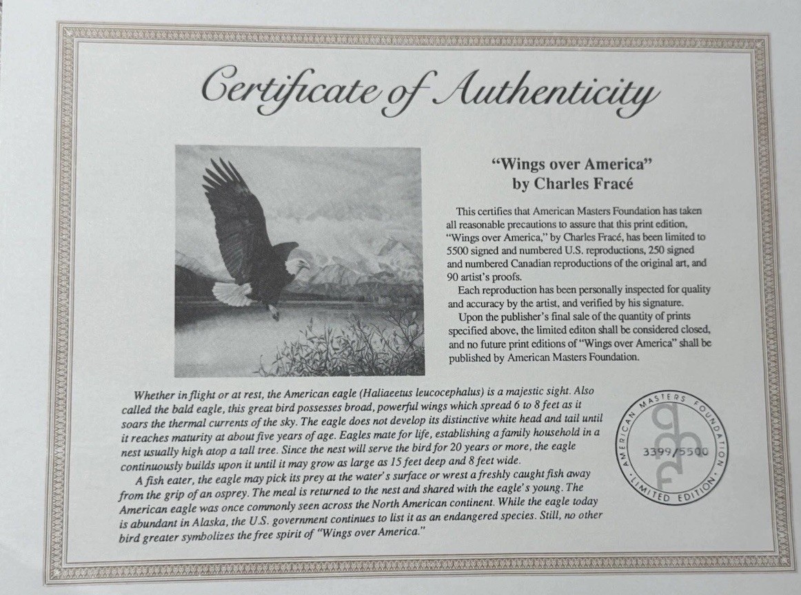 Charles Frace “Wings over America” Signed LE Print Bald Eagle 3399/5500 COA