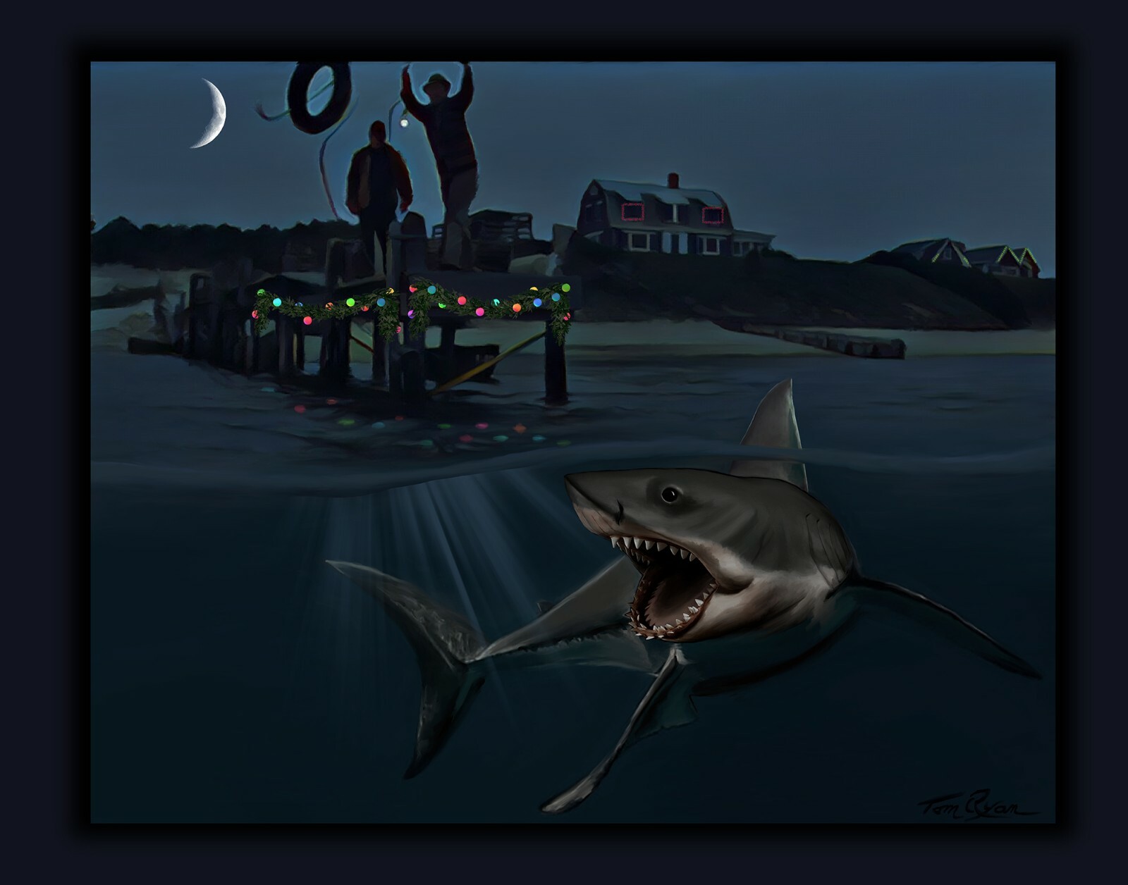 Signed JAWS Holiday Roast Christmas Print New Great White Shark Art by Tom Ryan