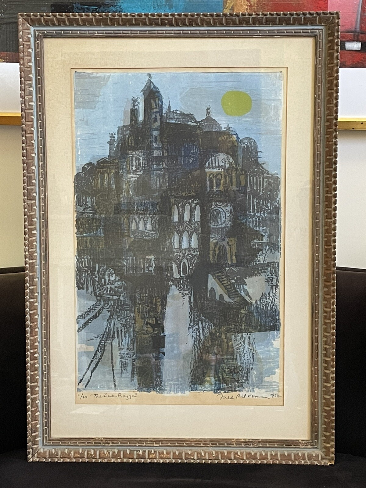 Mel Silverman Woodcut Print The Dark Piazza 1962 Ltd. Edt. Framed 27″x39.5″