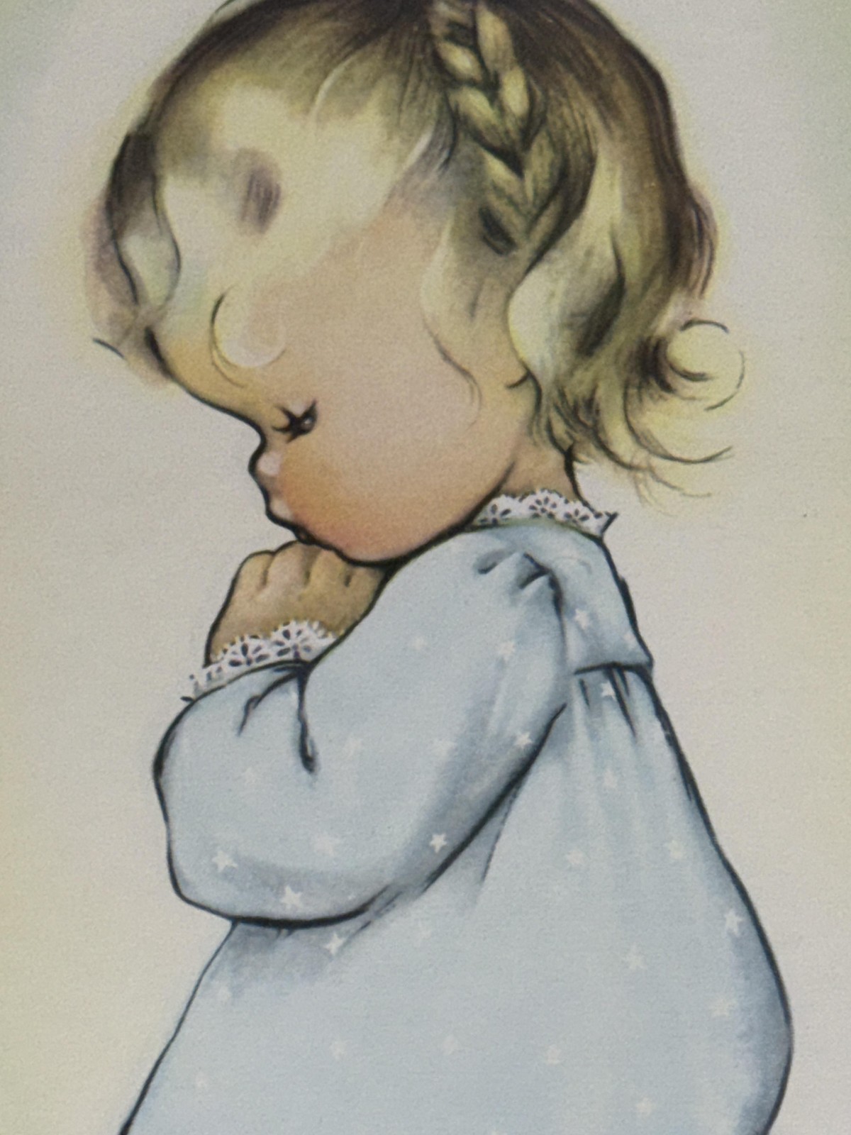 Vintage Praying Girl Child Art Print Framed Blue Religious Medium Wall Art Decor
