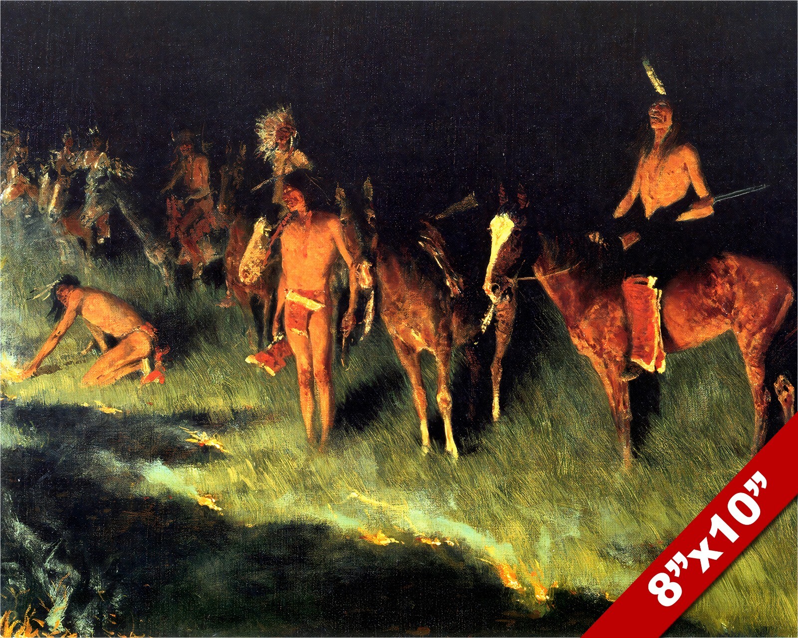 NATIVE AMERICAN INDIANS AT NIGHT WESTERN REMINGTON ART OIL PAINTING CANVAS PRINT