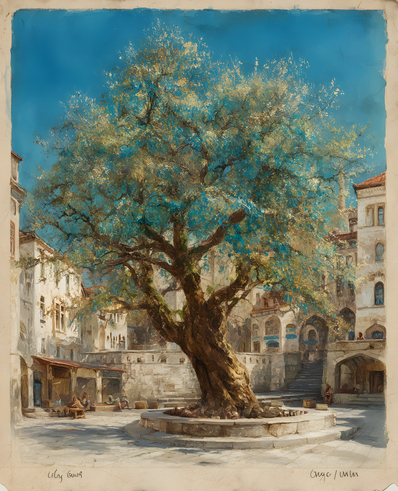 8×10 Cozy Storybook Tree in Courtyard Art Print Classic Illustration – 488107050