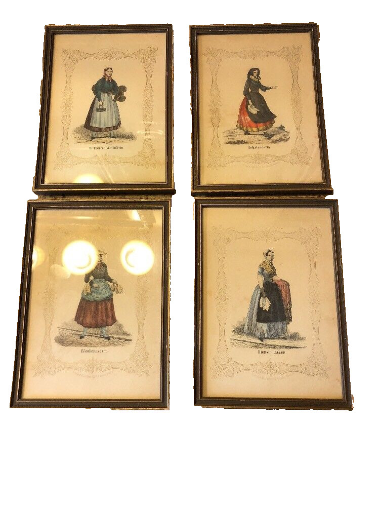 FOUR Antique Prints German Ladies Costume 1800’s Lovely Hand Colored Framed
