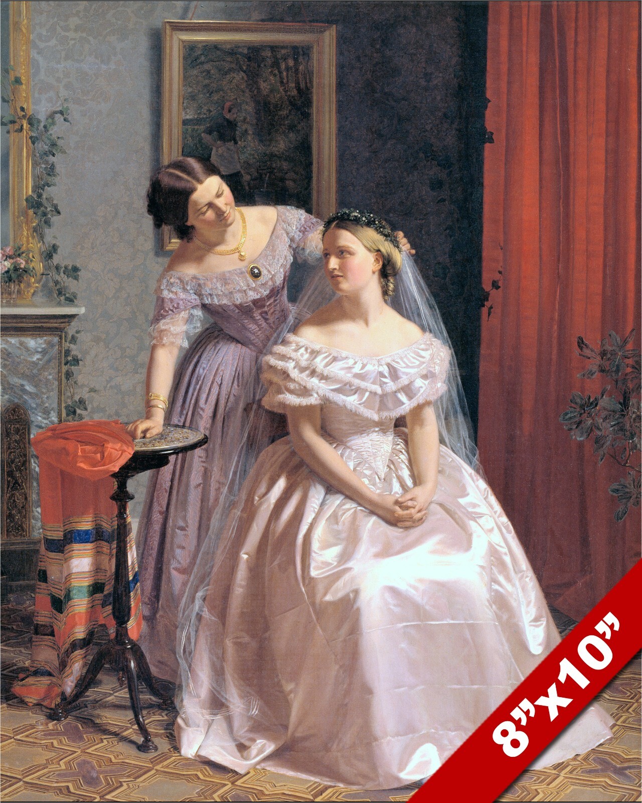 BRIDE & BRIDESMAID IN DRESSES ON WEDDING DAY OIL PAINTING ART REAL CANVAS PRINT