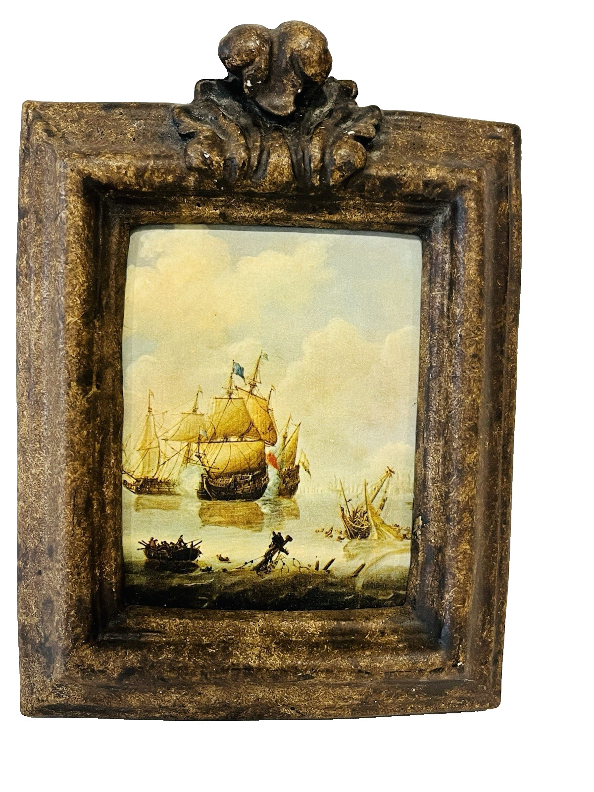 Vintage Resin Frame Naval Ship Battle Nautical Scene Print Le Jeune