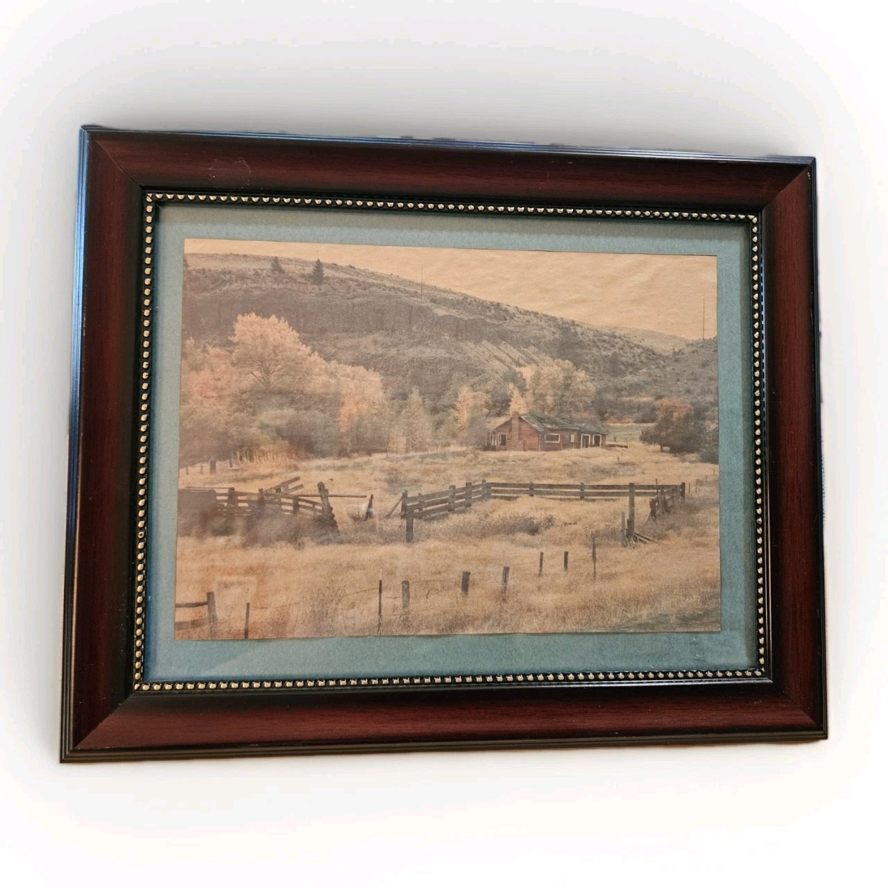 Vintage Pastoral Landscape News Print Framed Cabin Fence Western Rustic Wall Art