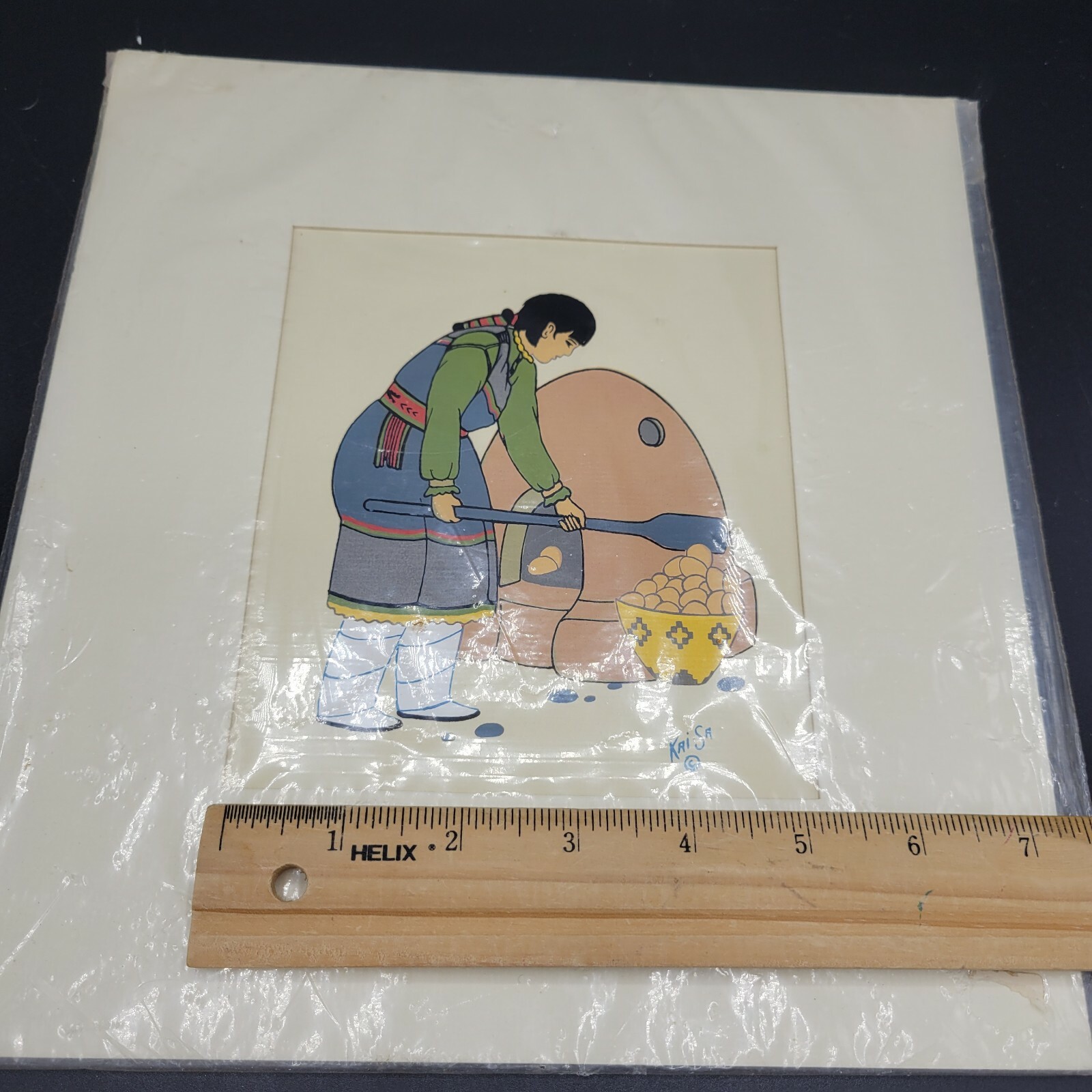 Kai Sa Print Woman Making Bread Sealed New Matted Native American Indian