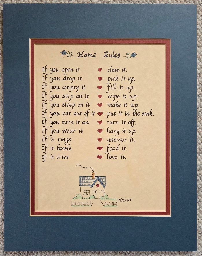 Home Rules Vintage 1988 Watercolor and Calligraphy Print Matted to 11 x 14″