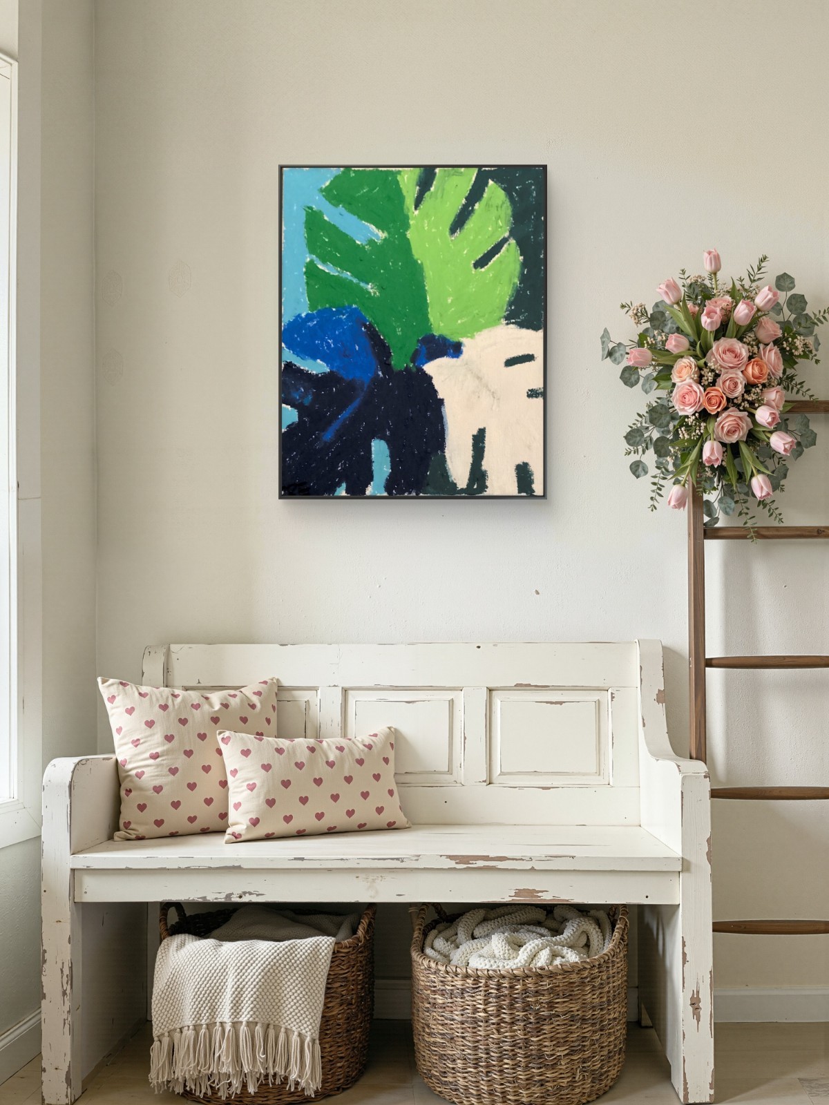 Neo Expressionism Blue Leaf Modern Boho Monstera Textured Original 8 by 10 – 2/3