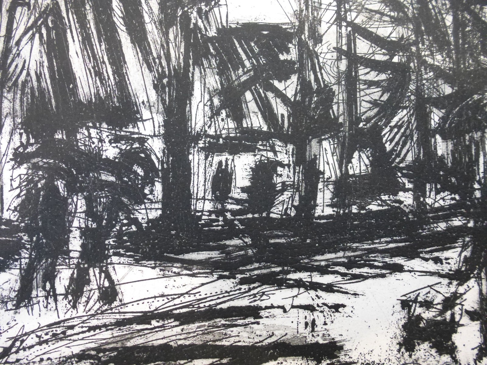 Etching “unknown village with people and trees” Jürgen Weber 1970
