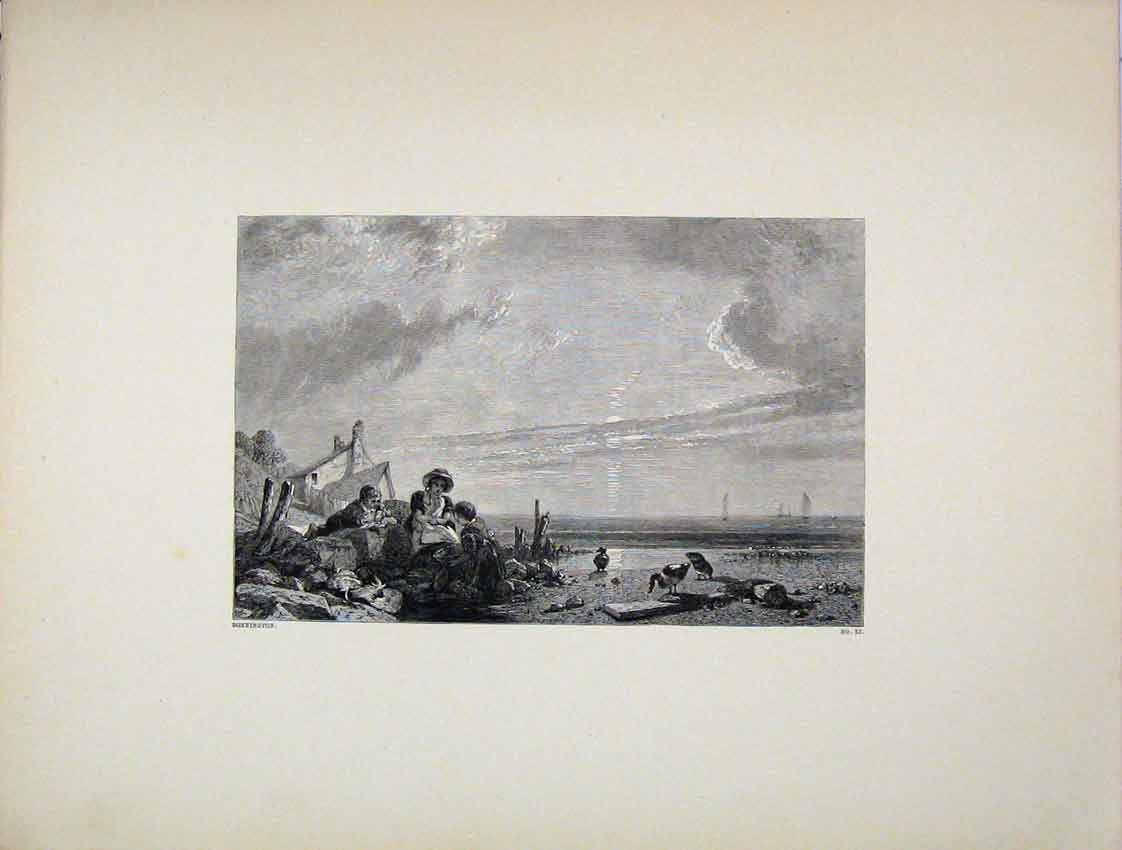 Original Old Antique Print Engraving Coast Scene Birds Bonnington