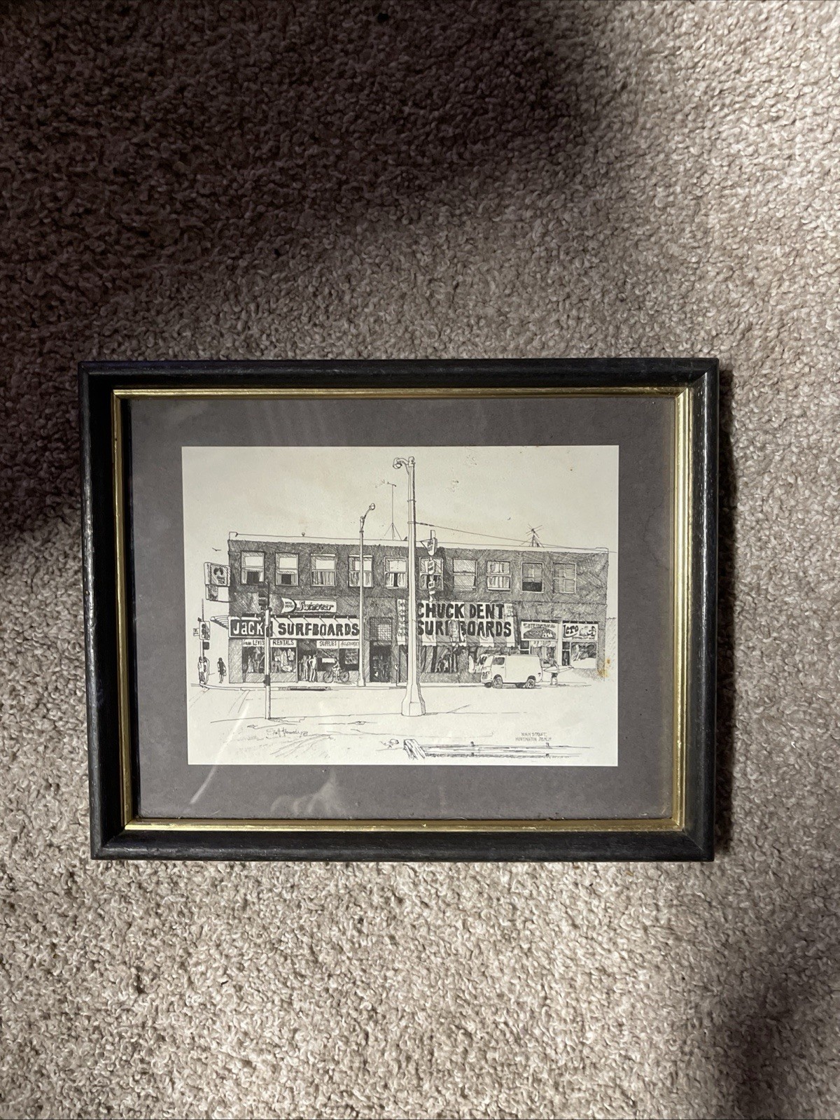 1971 Scott Kennedy JACK’s Surfboards Beach Print Pen and Ink 6.75×4.75 Framed
