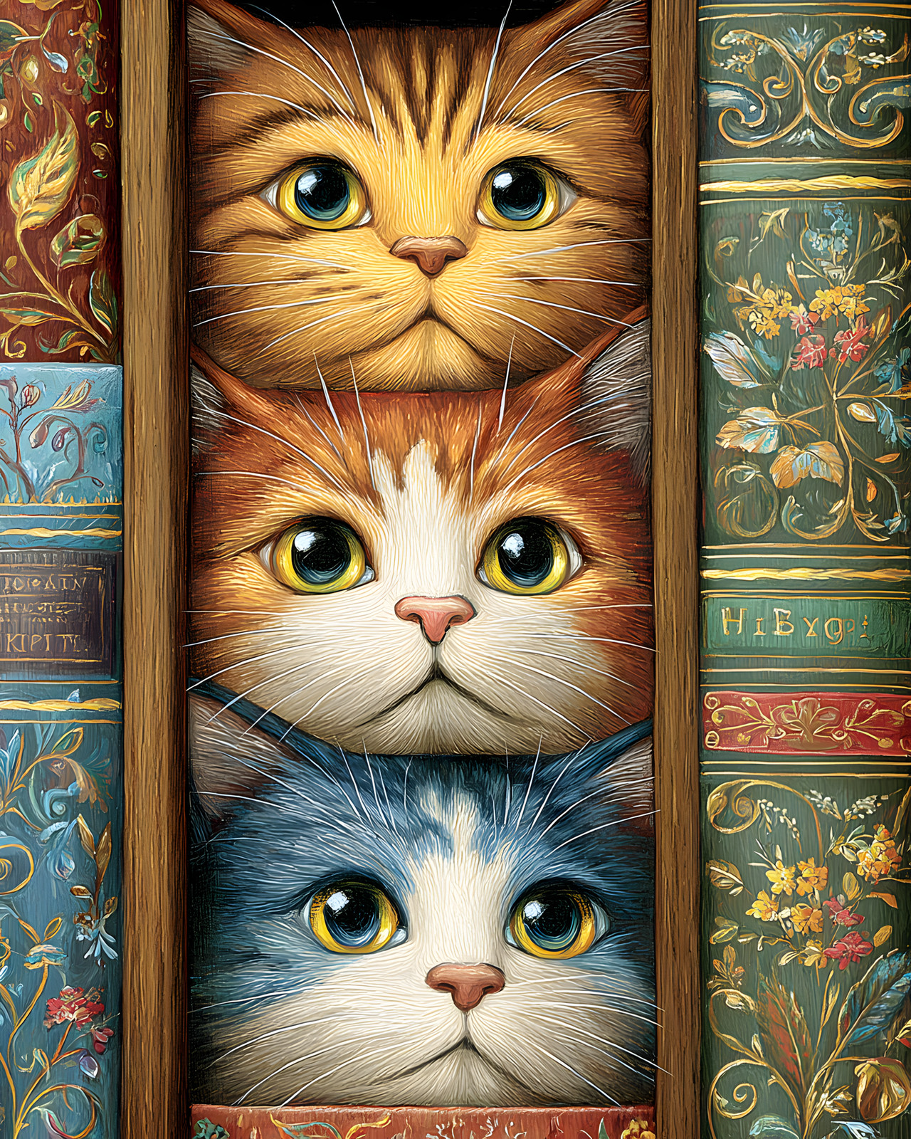 Three Wide-Eyed Cats Peeking Between Ornate Vintage Books Print – 976778118