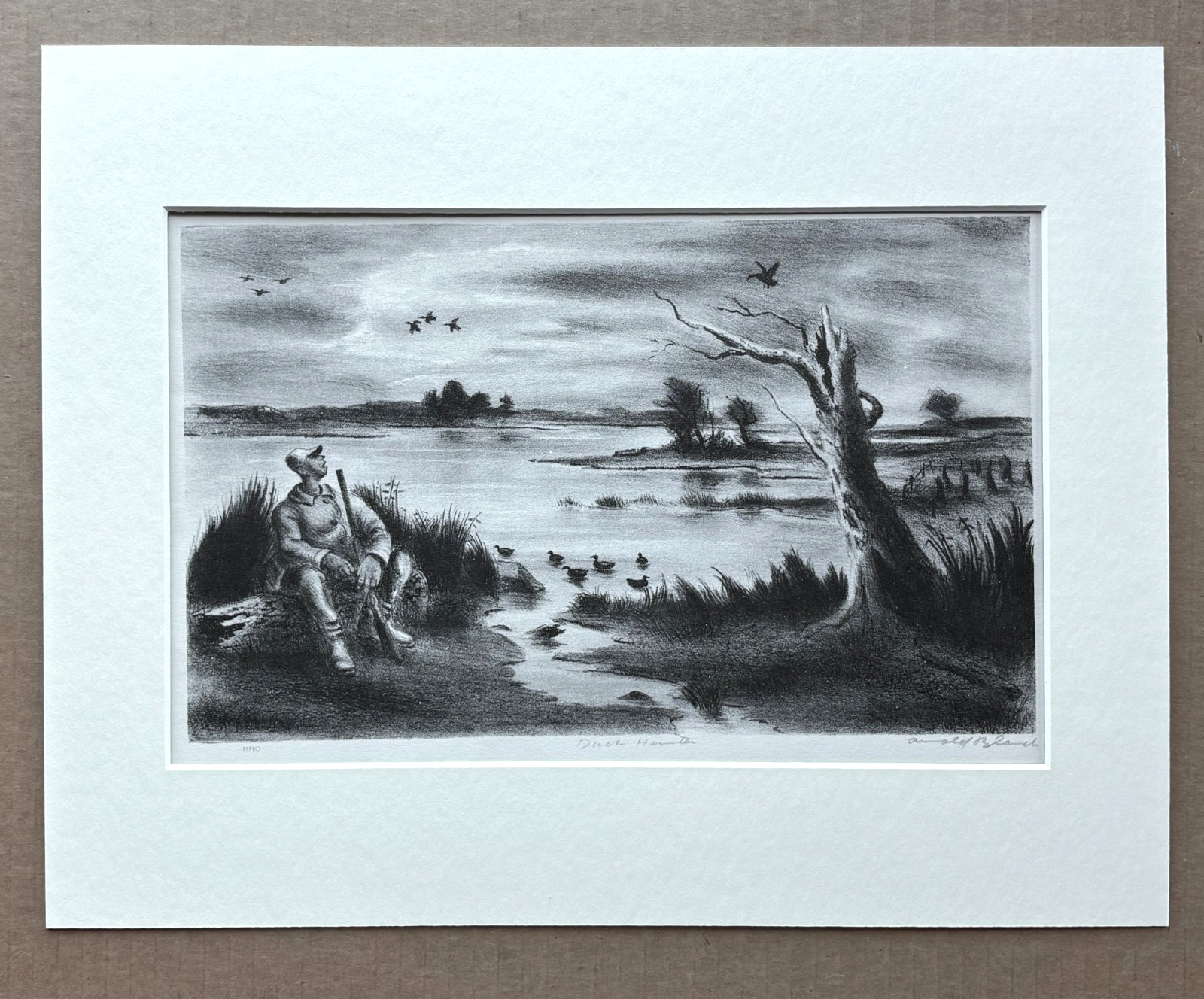 Vintage 1939 Print in 11×14 Mat, Ready to Frame, “Duck Hunter” by Arnold Blanch