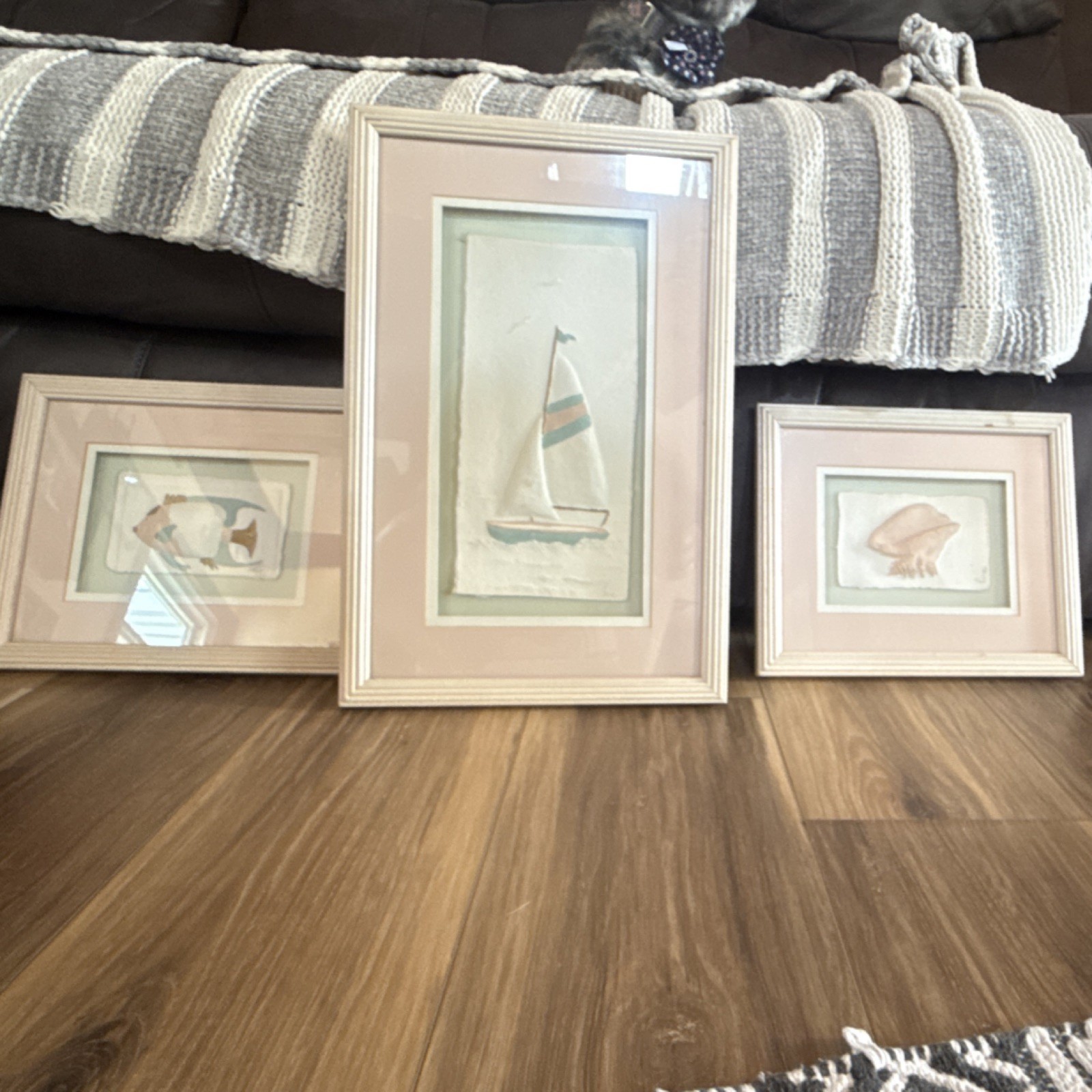 Set of Matted & Framed Nautical Nature Prints – Sailboat, Fish, Conch shell