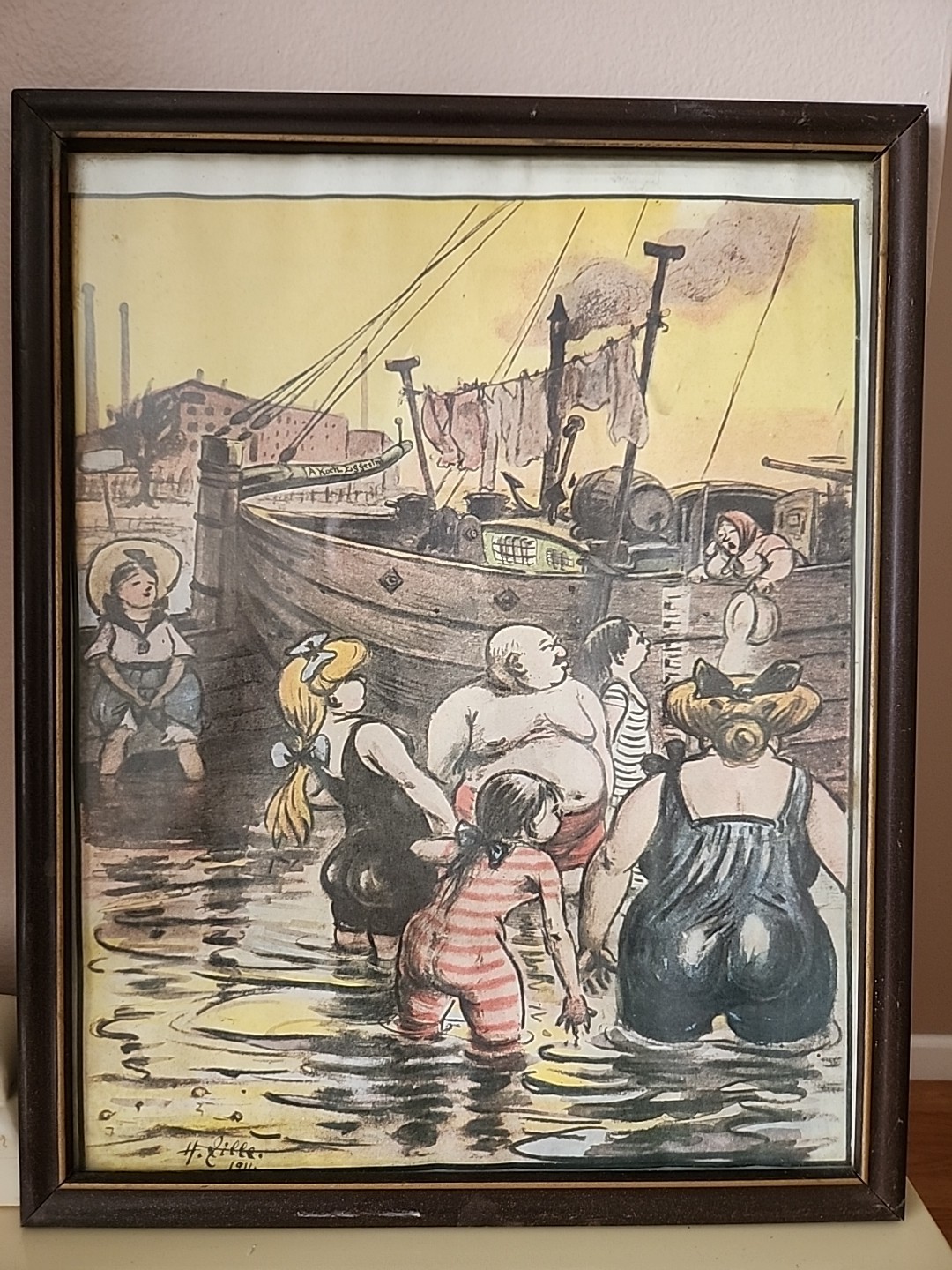 Vintage Heinrich Zille 1911 Print Berlin Harbor Scene Bathers 14″x10,5″
