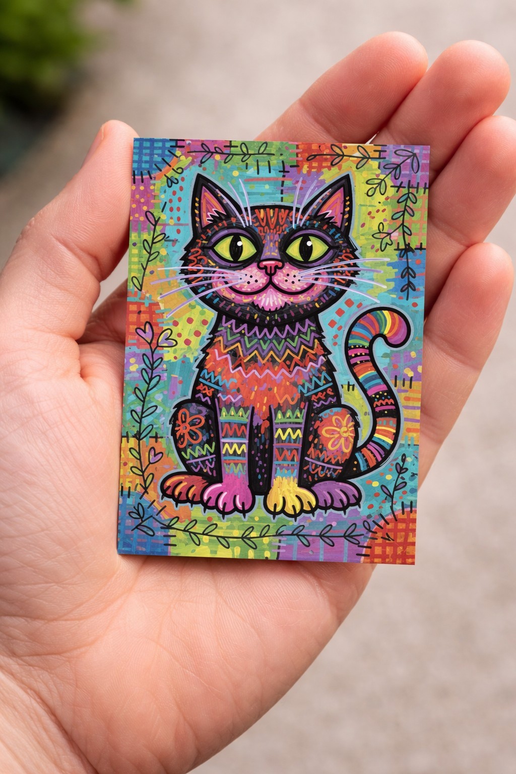 Aceo Print Colorful Cat t – Whimsical Folk Art Mini 2.5×3.5 Bright Neon Kitty