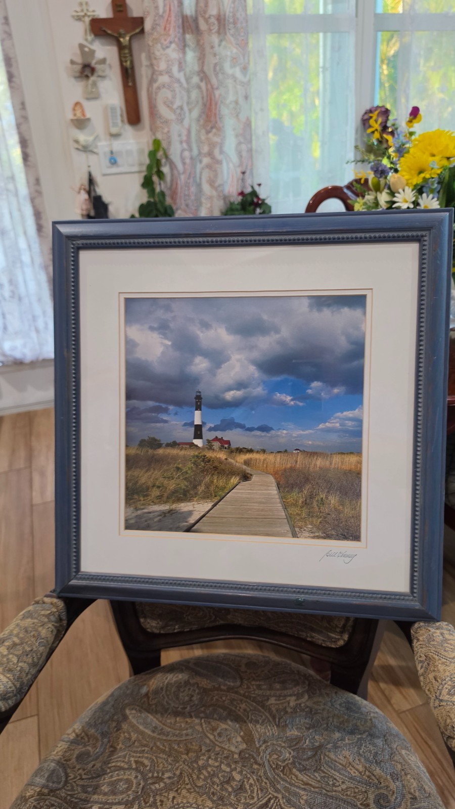 Fire Island Lighthouse by Artist Pat DeLuca in 19 5/8″ Square Blue Wood Frame