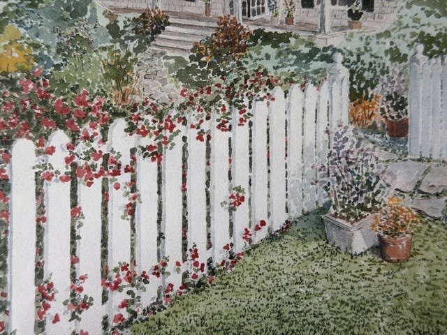 David Hughes print, 11×9 in oak frame, watercolor fence, flowers, dark green mat