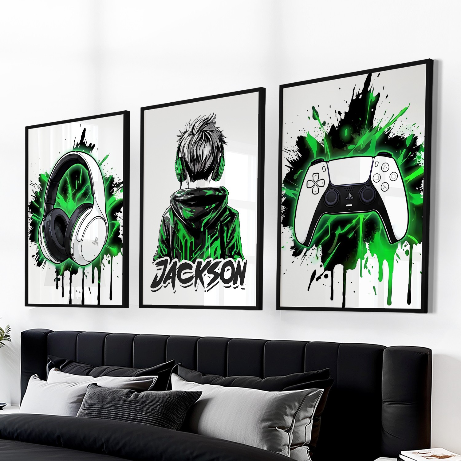 Personalised Playstation Gaming Prints Black Green Bedroom PS5 Wall Art Set of 3
