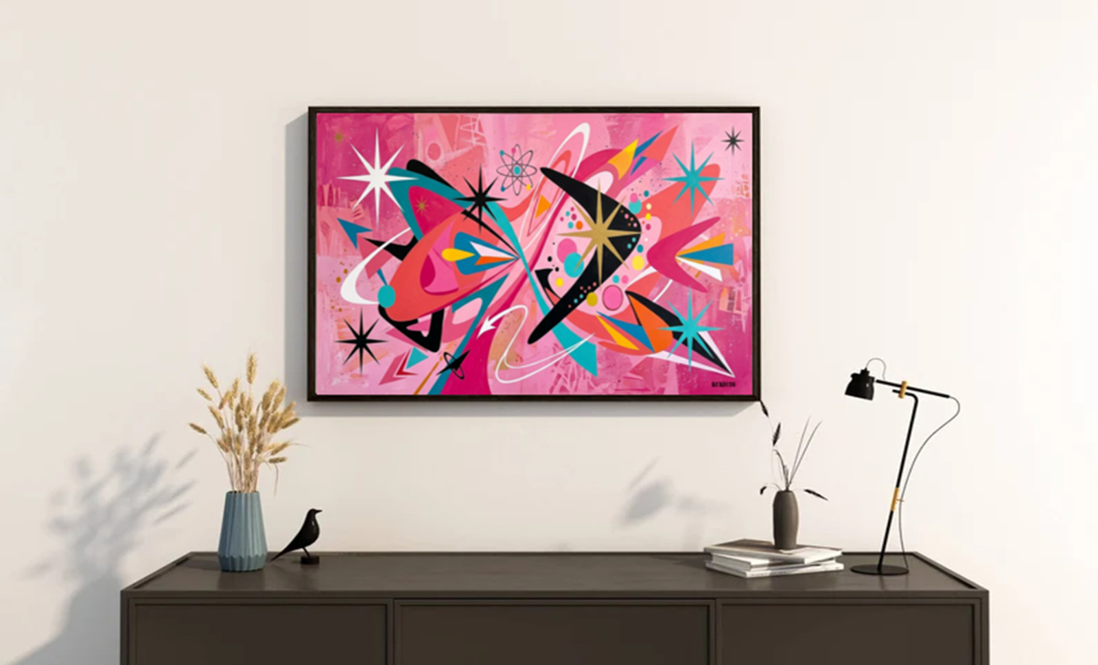MCM Atomic Googie Retro Abstract Art Print Pink SIGNED