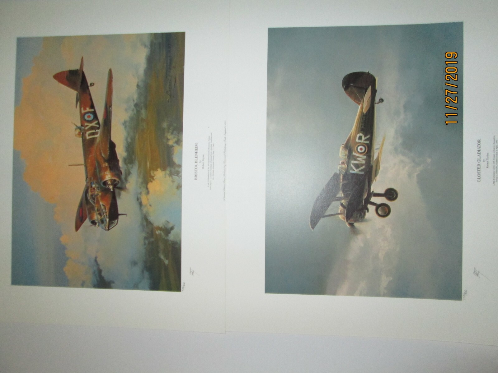 GLOSTER GLADIATOR, BRISTOL BLENHEIM. 2 prints,$30.00
