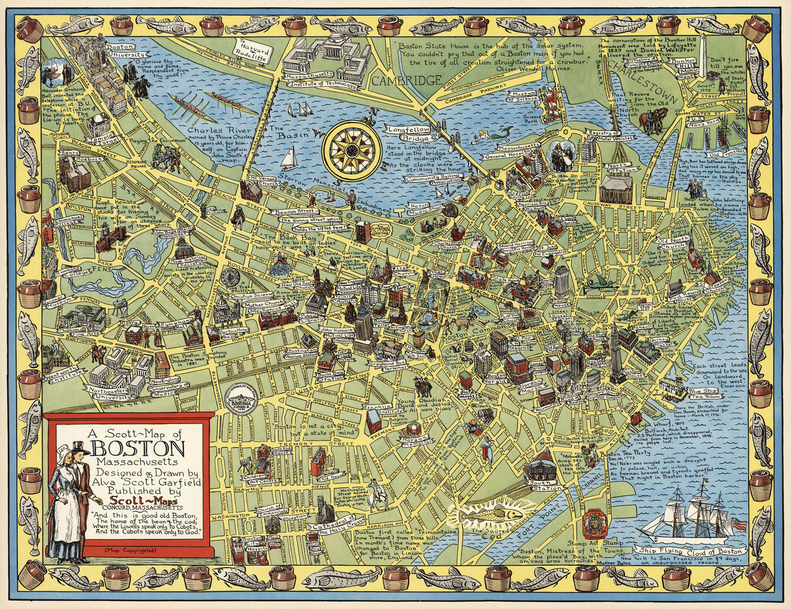 Pictorial Map Boston Massachusetts Family History Wall Art Poster Print Decor