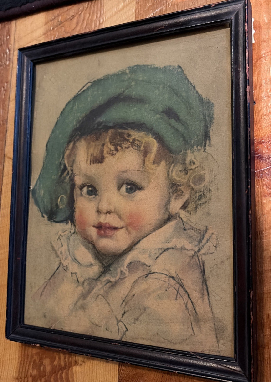 Wood Framed Vtg Print Of A Young Girl, Advertising Of Krispy Crackers On Back
