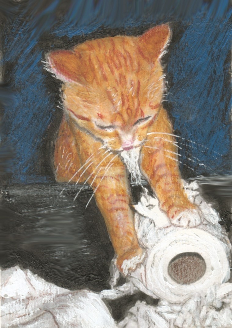 BCB Orange Tabby Cat Ripping Toilet Paper at Night Print of Painting 5 X 7 inch