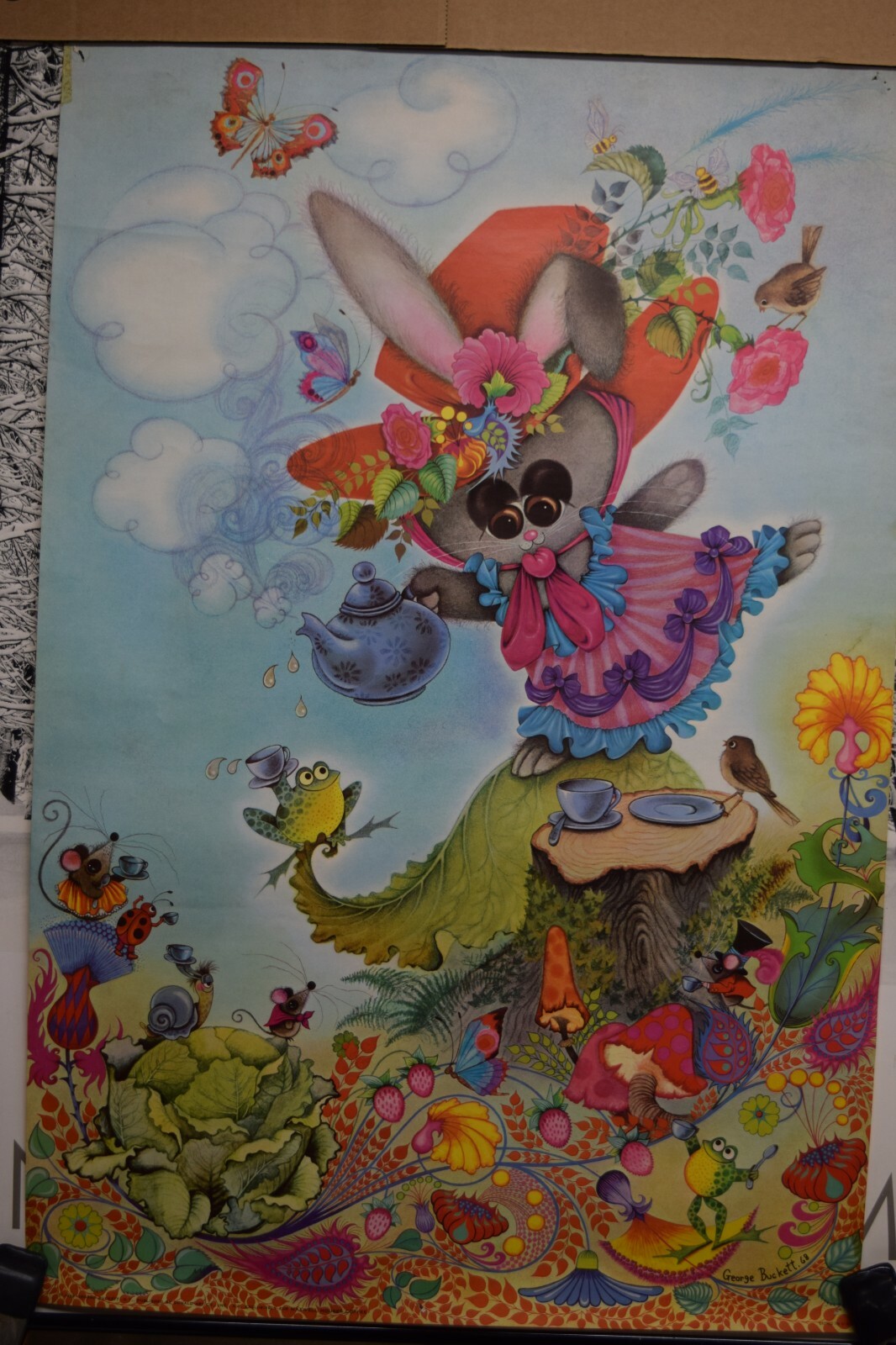 2 Vintage George Buckett Art Print Animals Cartoon Whimsical Rabbit Elephant